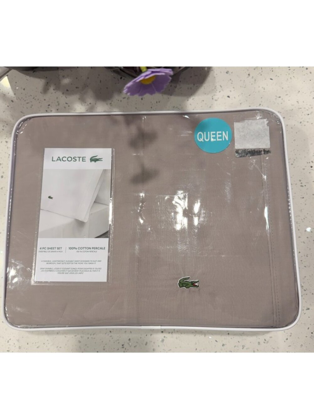 Lacoste Queen Sheet Set Beige 100% Cotton Percale 4 Piece NWT
